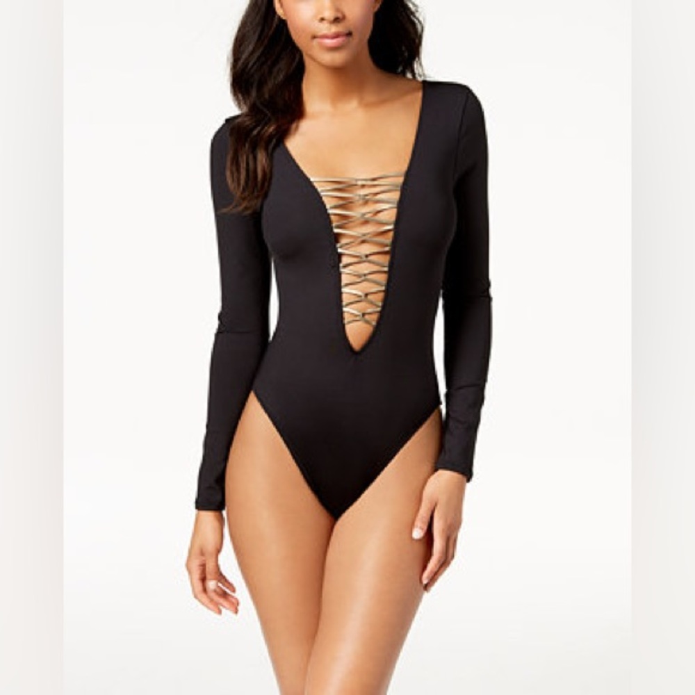 Kenneth Cole One-Piece Swimsuit Plunging Lace-Up Front Long-Sleeve Size L Black